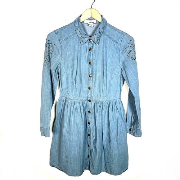 Sans Souci light wash denim snap front tunic blouse w stud accents small S B179 - Picture 1 of 5